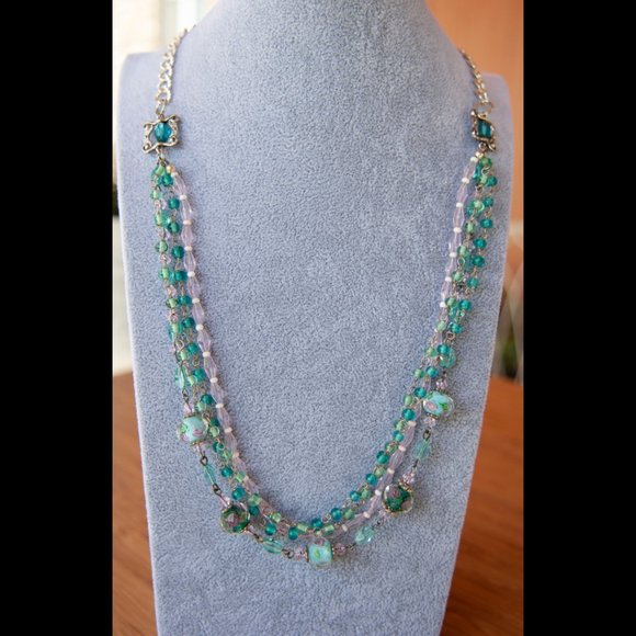 Hand Crafted Jewelry - NEW-Necklace - Pink, Green & Aqua Beads with Silver Accents